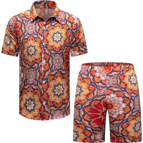 Mens 2 Pieces Set Digital Printing Button Shirts High Quality Summer Beach Suits Size S-2XL