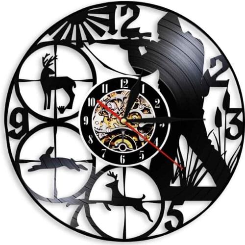 Hunting Wall Art Clock Hunter Hunting Wild Animals Vinyl Record Wall Clocks Deer Antlers Wall Art Home Room Decoration Gift