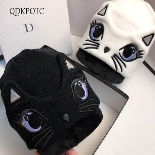 2020 Hat New Autumn Winter Adult Child Knitting Beanies Fashion Lusciousness Lovely Cat Embroidery Keep Warm Woolen Cap QDKPOTC