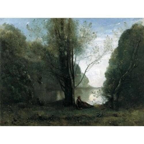 Canvas printed Classical impression painting of a girl sitting on grass near the Lakeside sale with best Price for home decor