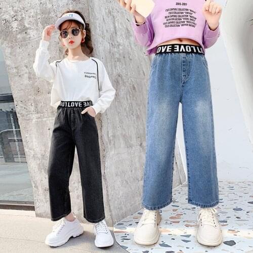 Teenage Girls Jeans 2021 Spring Casual Fashion Elastic Waist Letters Kids Leg Wide Pants School Children Trousers 6 8 10 12Years