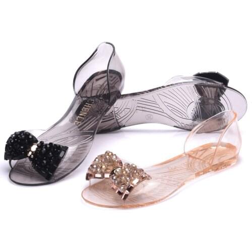 Transparent Female Summer Sandals Flat Jelly Shoes, Plastic Glass Diamond Bow Fish Head Shoes Fashion Shoes SHW002