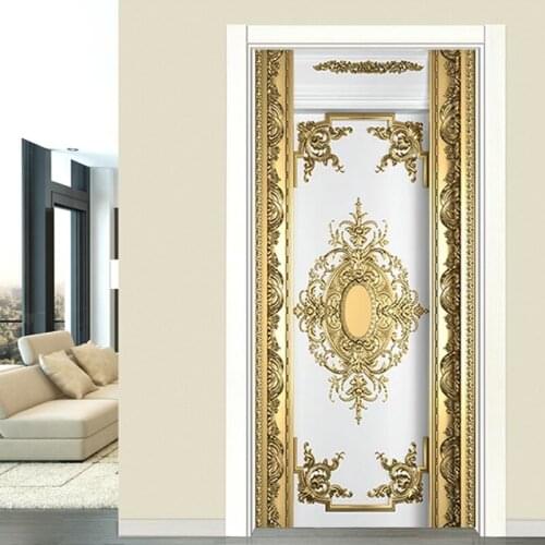 Luxury European Style Golden Door Stickers Home Decor Living Room Bedroom Door Mural Sticker Waterproof Self Adhesive Wallpaper