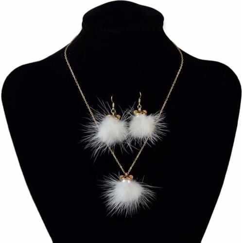 Idealway Cute Gold Color Metal White Fur Ball Winter Statement Earrings & Necklaces Sets for Women Girl Party Accessories