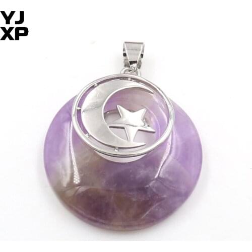 YJXP Silver Plated Round Hollow Natural Amethysts with Star Pendant Half Moon Vintage Jewelry