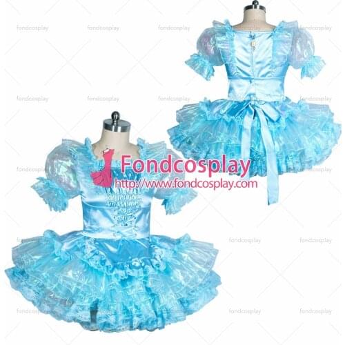 Fondcosplay adult sexy cross dressing sissy maid short French lockable blue Satin-glass silk organza dress Tailor-made [G3866]