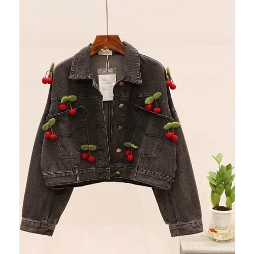 Black Denim Short Jacket Women 2020 Spring New Loose Bat Sleeve Cherry Decoration Jean Top Chic Streetwear Stretch Denim Coat 32