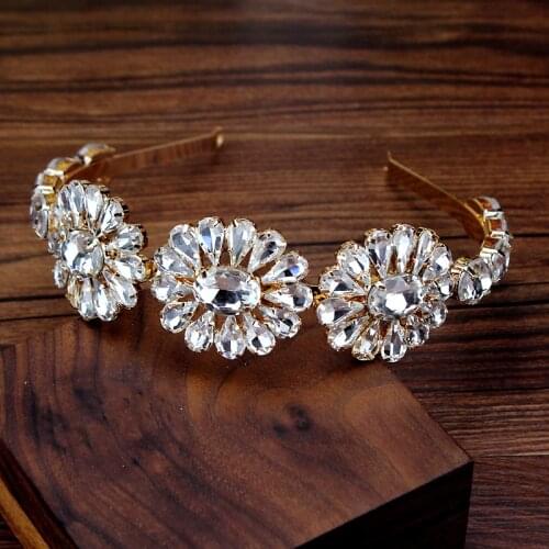 Korean Fashion Gold Crystal Jewel Bridal Hairband Luxurious Rhinestone Floral Tiara Headbands For Women Party Hair Accessories