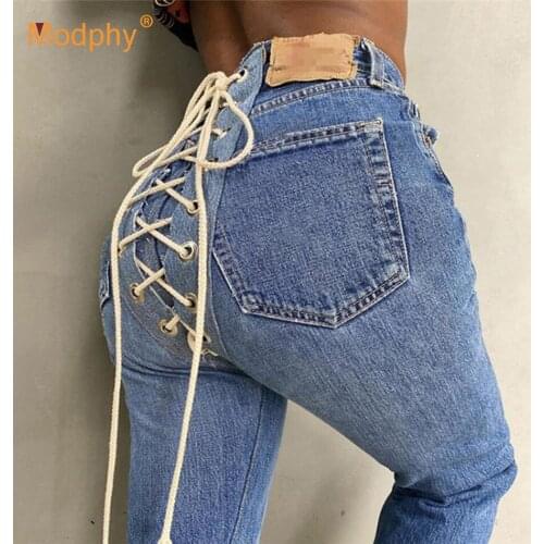 Back Cross Lace-Up Bandage Jeans Women High Waist Casual Pants Streetwear 2020 Autumn Female Fashion New Tide