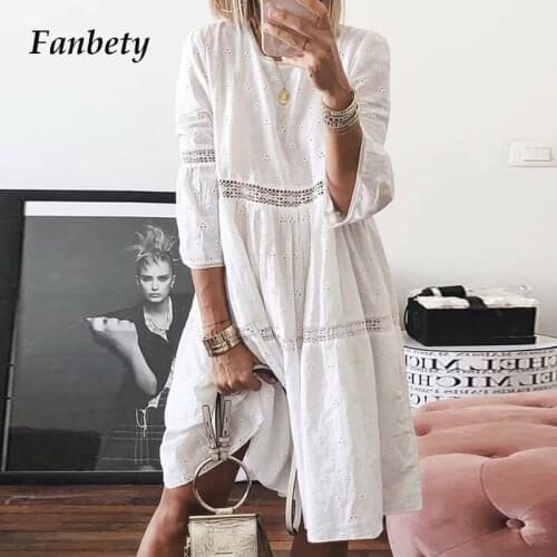 Fanbety Women Autumn Sexy Hollow out Dress Ladies Elegant Lace Three Sleeve Party Dress Casual O Neck Patchwork Dress Plus Size