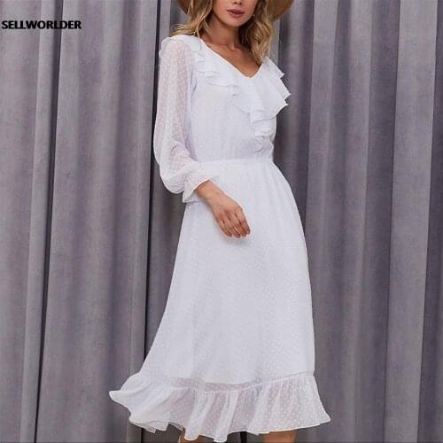 2021 Woman New Summer Ruffled V neck Office Lady Long Sleeves Elastic Waist A line Dress