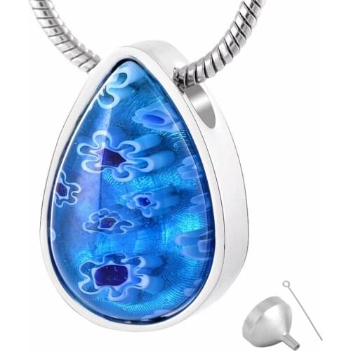 8476 Blue Murano Glass Cremation Jewelry Water Drop Shape Ashes Necklace Memorial Keepsakes Urn