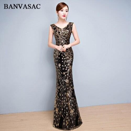 BANVASAC 2019 V Neck Elegant Sequined Mermaid Long Evening Dresses Party Sleeveless Zipper Backless Prom Gowns