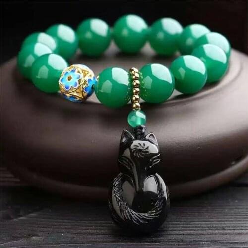 Green Agates Bangels Fashion Jewelry Buddha Pray Mala Bracelet With Stones Beads Bracelet For Women Fox Pendant Wholesale