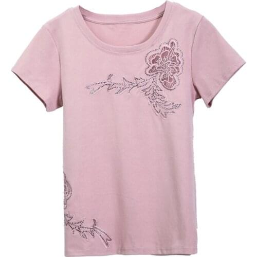 Diamonds Summer T Shirt Women 2021 Vintage Flower Mesh Hollow T-Shirt Cotton Short Sleeve Plus Size Pink Tee Shirt Femme Clothes