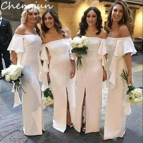 Chengjun Off Shoulder Slim Fit White Long Bridesmaids Dresses For Women