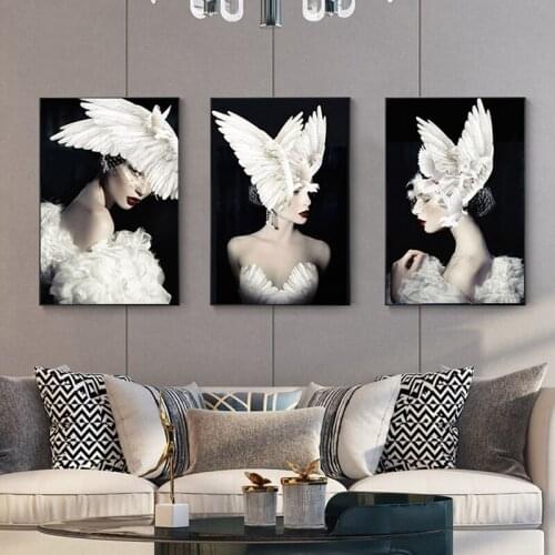 Flowers Feathers Woman Abstract Canvas Painting Wall Art Print Poster Picture Decorative Painting Living Room Home Decoration