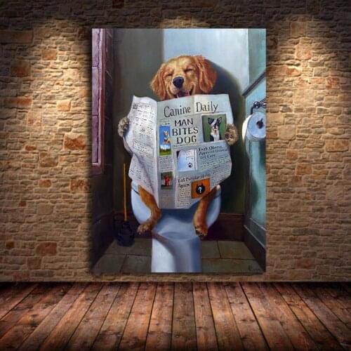 Funny Animal Smile Dog Read Newspaper Oil Painting Canvas Wall Art Poster and Prints Picture for Bathroom Toilet Decor Unframed