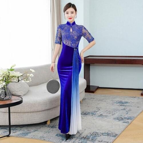 Chinese cheongsam Velvet dress Blue Summer Lace dress
