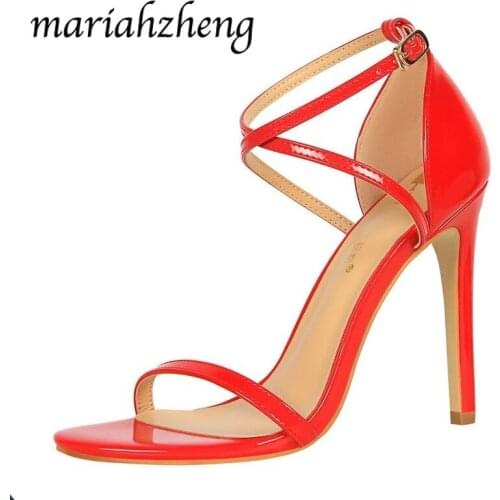 Meriahzheng 11CM Fashion Banquet Womens Shoes Super High-heeled Stiletto Patent Leather Cross Strap Sexy Nightclub Sandals DS