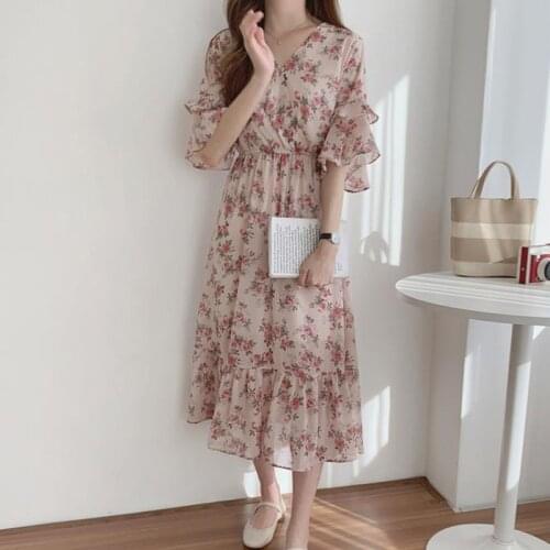 Flare Sleeve V-neck Print Dress Women Casual Floral High Waist Dress Summer Chiffon Fashion Robe Dress Female Vestidos