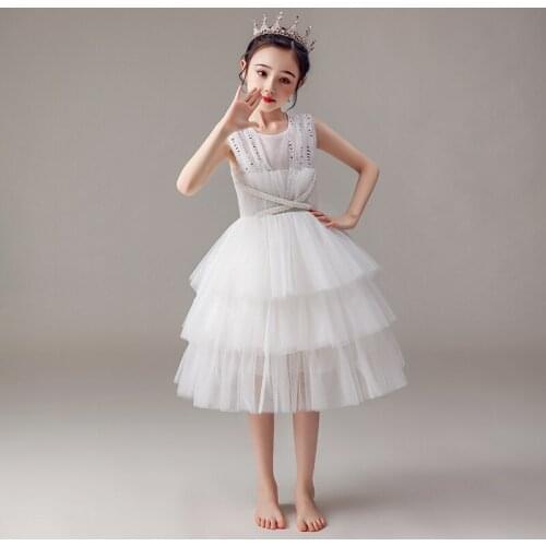 Flower Girls Dresses Beading Princess Pearls Sequined Ball Gown Tiered Knee-Length Lace Tulle O-Neck White Kids Party Dress D178