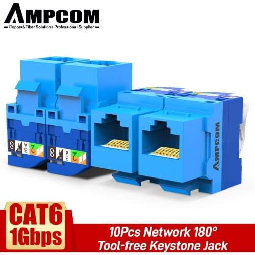 AMPCOM (UL Listed) 10-Pcs CAT6 RJ45 Tool-Less Keystone Jack, No Punch Down Tool Required UTP Module Connector-Blue