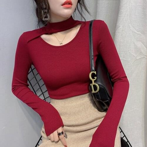 Size s-3xl female cotton full sleeve T-shirt girls sexy hollow out half turtleneck slim tshirts tops autumn real photos