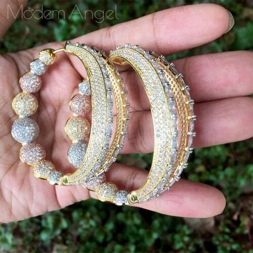 ModemAngel Luxury Ball Earrings Large Full Mirco Paved Microl Zirconia Three Colors Copper Big Wide Circle Drop Earrings