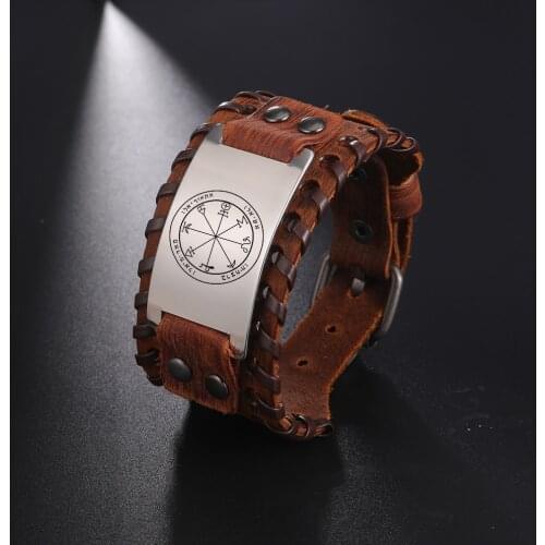 LIKGREAT The Seven Pentacles of Mars Wide Leather Bracelet on Hand Men Vintage Stainless Steel Solomon Amulet Bangles Jewelry