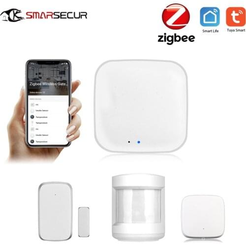 SMARSECUR Tuya Zigbee Hub Smart Home PIR Sensor Door Sensor Temperature and Humidity Sensor Home Automation Security Alarm Kit