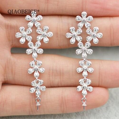 QIAOBEIGE 2pcs/lot handmade jewelry materials high quality 925 sterling silver big flower hyperbole earrings pearl accessory
