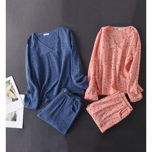 Womens Cotton Water-washed pajamas for women Pyjamas Sleepwear Pijamas Texture Crepe Gauze Long-sleeved Trousers Pajamas V-Neck