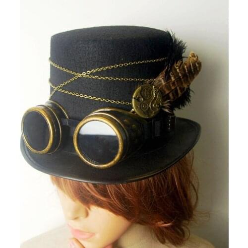 Gothic Vintage Steam Punk Hat Gear Goggles Chain Glasses Top Hat Punk Unisex Party Black Fedora Hats Handmade Retro Cosplay Acce