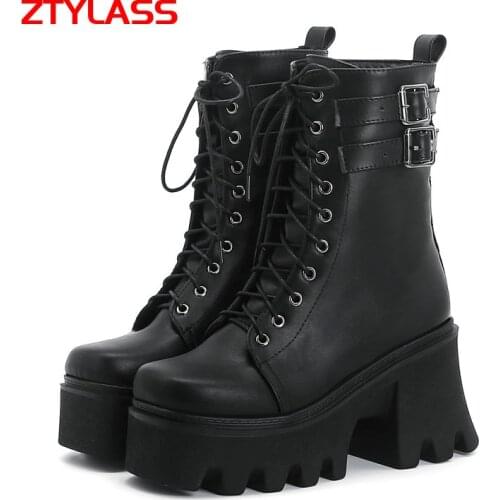 Black Fashion Platform Women Boots Pu Chunky High Heel Ankle Boots Squar Toe Zipper Buckle Motorcycle Boots Autumn Winter Shoes