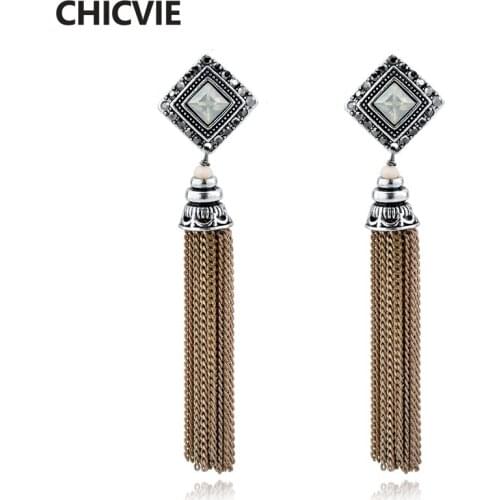 CHICVIE Fashion Yellow Geometric Statement drop Earrings for Women Crystal Alloy Gold Color Tassel Jewelry Gifts SER160109