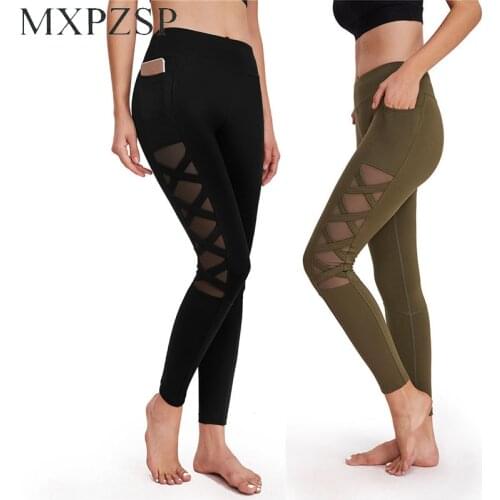 Womens Mesh Yoga Pants with Side Pockets Workout Running Leggings for Gym Fitness Exercise Training Hollow Out Sport Leggings XL