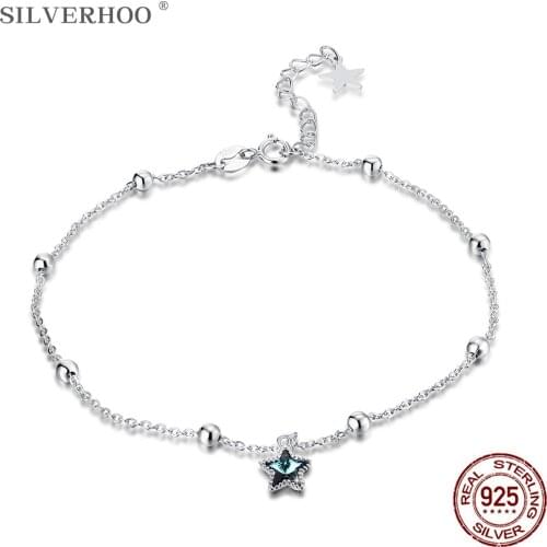 SILVERHOO Anklet 925 Sterling Silver Round beads Star Crystal Anklet Bracelets For Women Wedding Party Fashion Jewelry Recommend