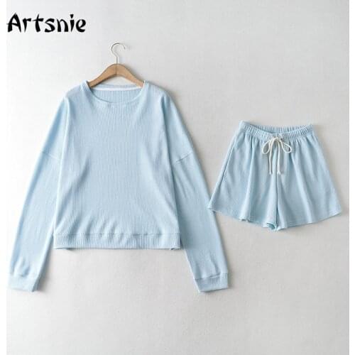 Artsnie Autumn 2021 Suits Women O Neck Long Sleeve Sweatshirt And High Waist Shorts Two Piece Set Casual Tracksuit Shorts Set