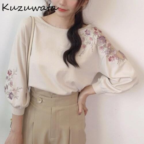 Kuzuzwata 2021 Autumn New Women Knitted Pullover O Neck Embroidery Gauze Shoulder Long Sleeve Solid Jumpers Sweet Sweaters