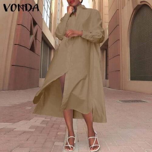 Irregular Shirt Dress 2021 VONDA Women Sundress Casual Long Sleeve Lapel Neck Party Long Dress Casual Vestido Robe Femme
