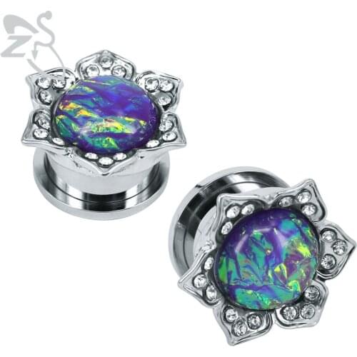 ZS Mix Color Fire Opal Stone Ear Plugs And Tunnels Blue Flower Opal Ear Tunnel Crystal Surgical Steel Ear Piercing Expander