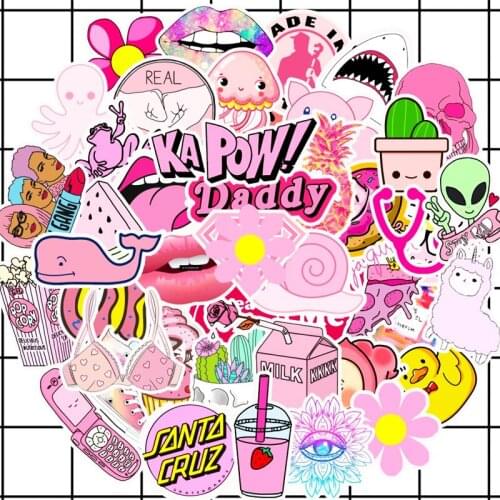 50Pcs PVC Waterproof Girls Kawaii Pink Fun Stickers Toys Luggage Sticker for Motor Car & Suitcase Fashion Laptop Decals Stickers