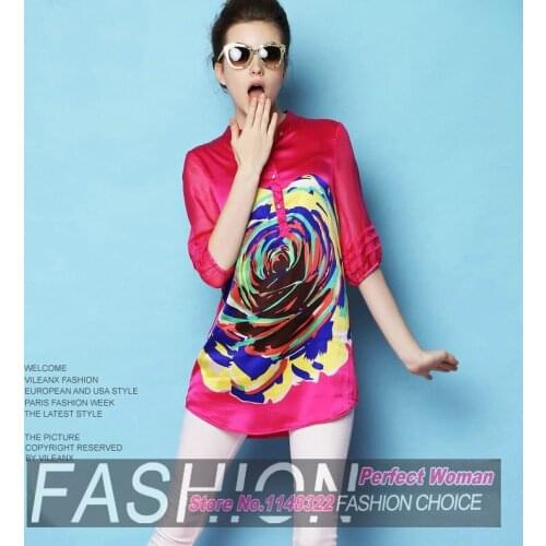 Free shipping The new lady mulberry silk cool shirt Big yards Silk half sleeves shirts, printed shirt