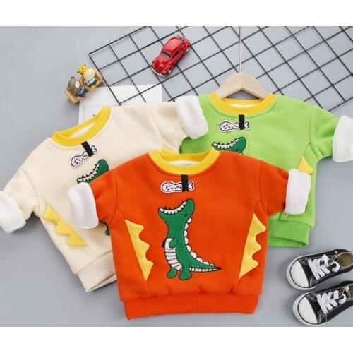 Baby clothes autumn winter cartoon dinosaur print sweater casual plus velvet thickened sweater baby boy warm sweater baby tops
