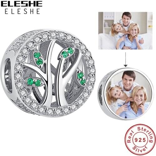 ELESHE 925 Sterling Silver Family Tree Beads with CZ Personalized Custom Photo Fine Charm Fit Original Bracelet DIY Jewelry 2020