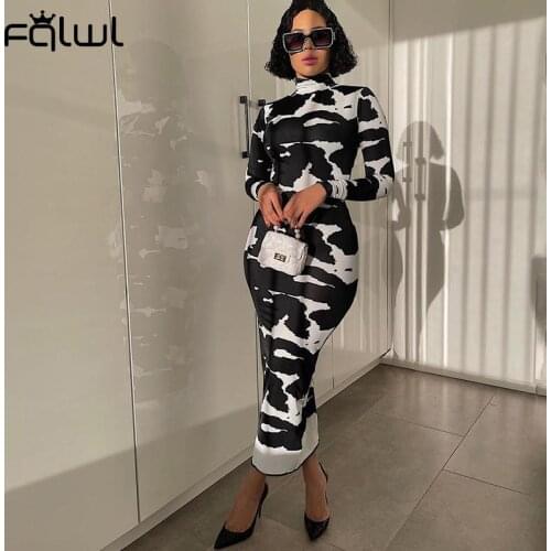 FQLWL Autumn Print Black Party Sexy Dresses For Women 2021 Turtleneck Long Sleeve Bodycon Dress Ladies Club Long Maxi Dress