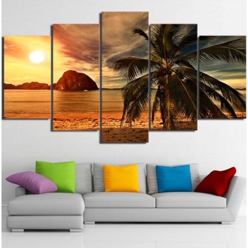 Canvas Paintings HD Prints Posters 5 Pieces Tropical Beach Palm Trees Sunset Seascape Pictures Framework Living Room Home Decor