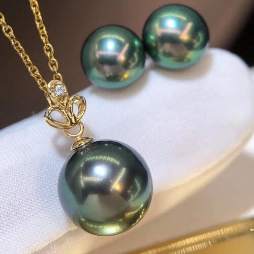 D727 Pearl Set Fine Jewelry Solid 18K Gold Round 7-10mm Nature Fresh Water Peacock Green Black Pearls Jewelry Sets for Women