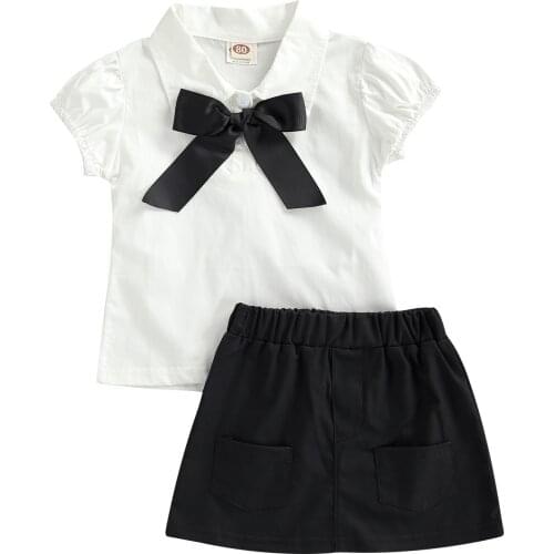 Summer Baby Girls Clothes Set Short Sleeve Bow Buttons T-shirt + Solid Color Skirt 2Pcs Outfits Suits Children Clothing Set